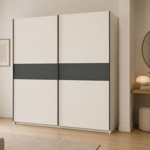 Guardaroba 2 Ante Beige Cashmere Nero Antracite 2 Ripiani Appendiabiti 200x204h cm, 2 Ante - Nalika