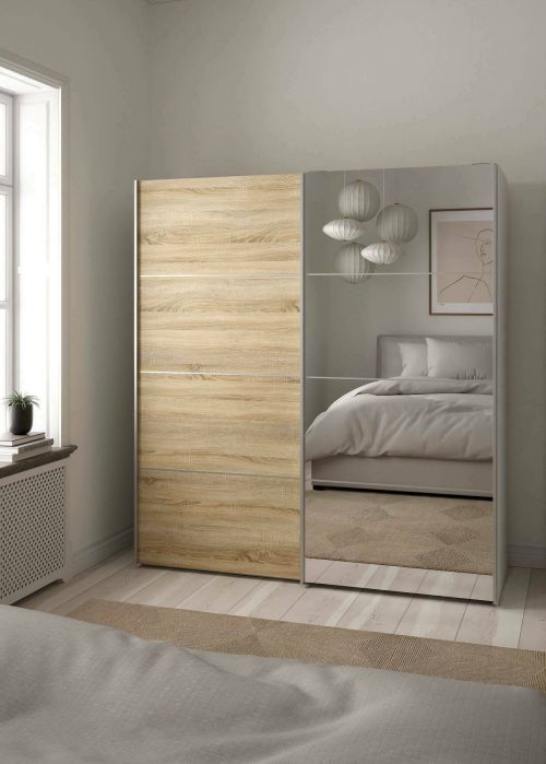 Guardaroba 2 ante Berthe, Mobile camera da letto, Cabina armadio portabiti, Armadio appendiabiti, 64x182 h202 cm, Bianco e Quercia