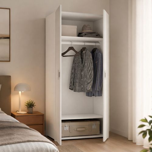 Guardaroba 2 Ante Bianco 2 Ripiani Appendiabiti 80x180h cm, 2 Ante - Susella
