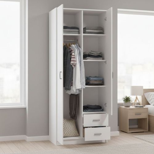 Guardaroba 2 Ante Bianco Bianco Appendiabiti 2 Cassetti 80x205h cm, 4 Ripiani - Cimena