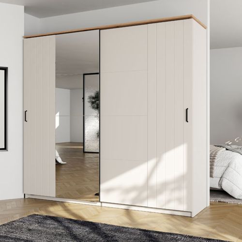 Guardaroba 2 Ante Bianco Crema Marrone Rovere 2 Ripiani Appendiabiti 220x205h cm, Apertura Scorrevole - Aurovi