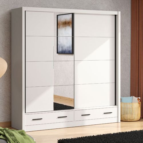 Guardaroba 2 Ante Bianco Crema Nero 4 Ripiani Appendiabiti 205x216h cm, 2 Cassetti - Copala