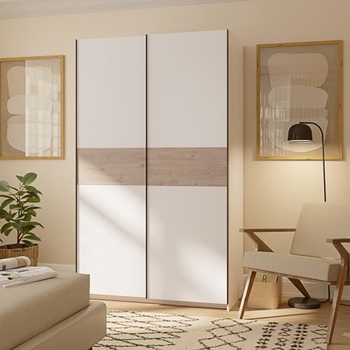 Guardaroba 2 Ante Bianco Marrone Rovere 2 Ripiani Appendiabiti 120x204h cm, 2 Ante - Maba