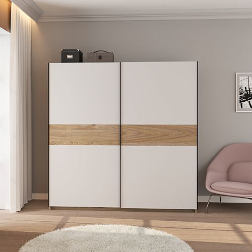 Guardaroba 2 Ante Bianco Marrone Rovere 2 Ripiani Appendiabiti 200x204h cm, 2 Ante - Nalika