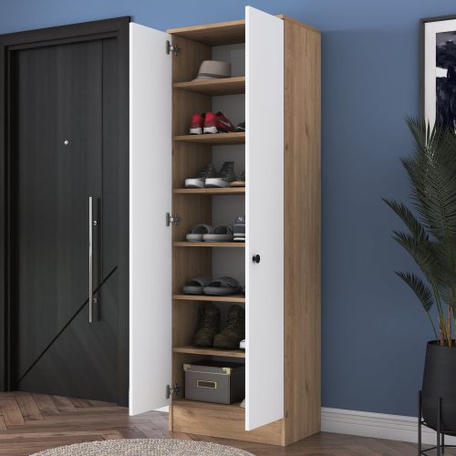 Guardaroba 2 Ante Bianco Marrone Rovere 6 Ripiani Appendiabiti 60x183h cm, Apertura Battente - Modenese