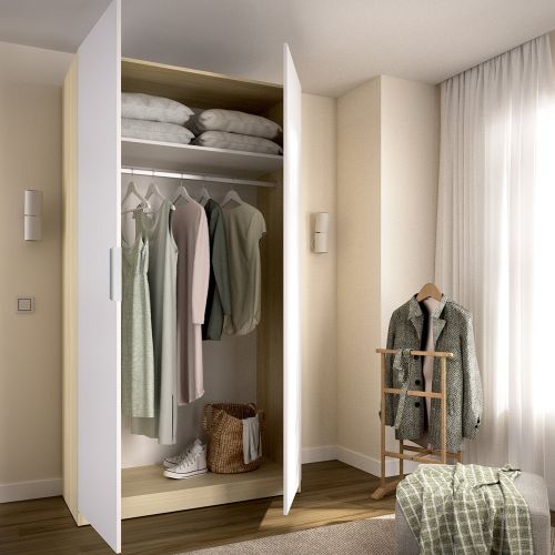 Guardaroba 2 Ante Bianco Marrone Rovere Appendiabiti Cassetti 51x204h cm, un Ripiano - Tulot