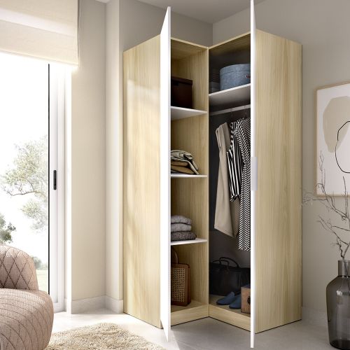 Guardaroba 2 Ante Bianco Marrone Rovere Appendiabiti Cassetti 95x204h cm, 4 Ripiani - Luber
