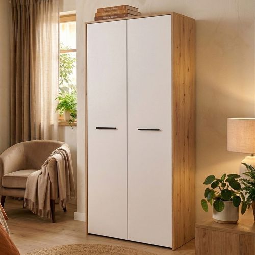 Guardaroba 2 Ante Bianco Marrone Rovere Nodi Appendiabiti un Ripiano 80.5x203.5h cm, 2 Ante - Santadi