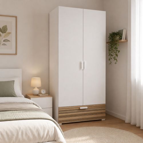 Guardaroba 2 Ante Bianco Marrone Rovere un Cassetto 2 Ripiani 80x180h cm, Appendiabiti - Vacone