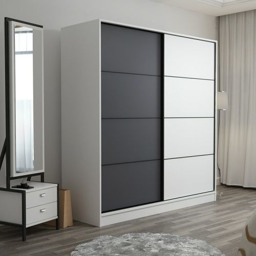 Guardaroba 2 Ante Bianco Nero Antracite 5 Ripiani Appendiabiti 180x210h cm, Apertura Scorrevole - Cuvio