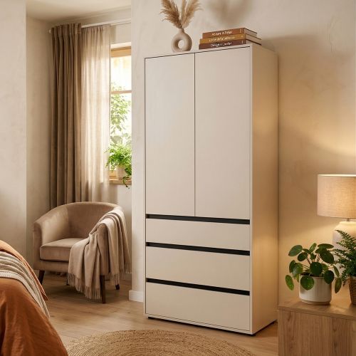 Guardaroba 2 Ante Bianco Nero Appendiabiti 3 Cassetti 93x211h cm, un Ripiano - Vimercatii