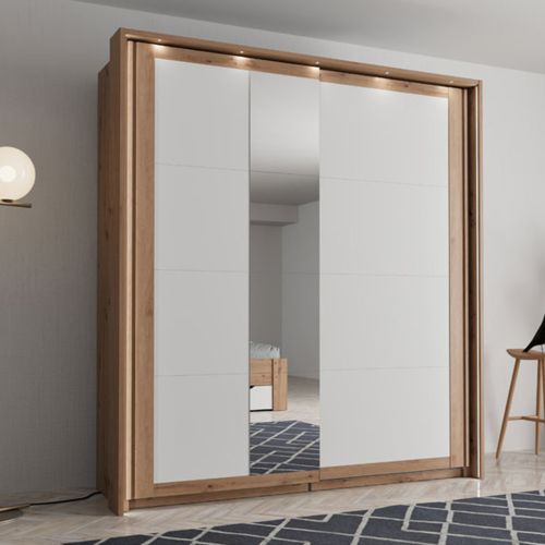 Guardaroba 2 Ante Bianco Opaco Marrone Rovere 2 Ripiani Appendiabiti 195x218h cm, Apertura Scorrevole - Bujumb