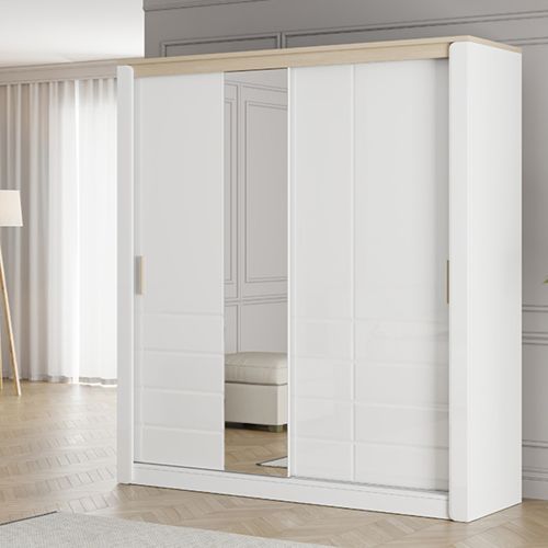 Guardaroba 2 Ante Bianco Opaco Marrone Rovere 5 Ripiani Appendiabiti 199x217h cm, Apertura Scorrevole - Lunenb