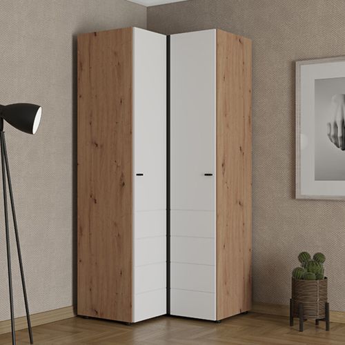 Guardaroba 2 Ante Bianco Opaco Marrone Rovere Nodi 4 Ripiani Appendiabiti 95x208h cm, Apertura Battente - Tavole