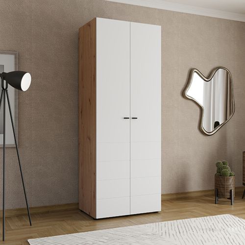 Guardaroba 2 Ante Bianco Opaco Marrone Rovere Nodi Appendiabiti un Ripiano 79x208h cm, 2 Ante - Pomar