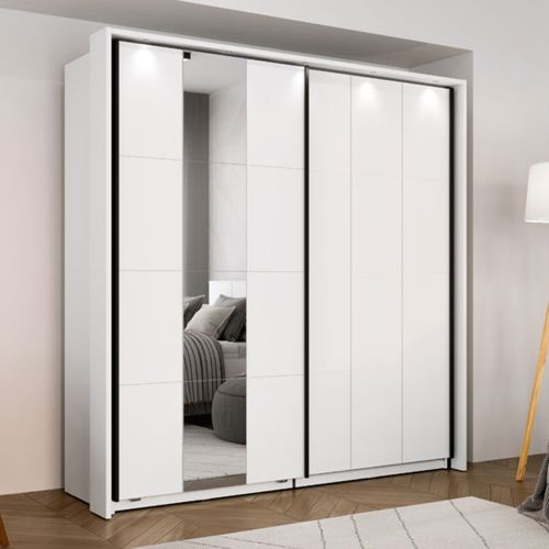 Guardaroba 2 Ante Bianco Opaco Nero 2 Ripiani Appendiabiti 195x205h cm, Apertura Scorrevole - Asilah