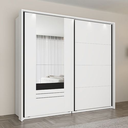 Guardaroba 2 Ante Bianco Opaco Nero 2 Ripiani Appendiabiti 220x205h cm, Apertura Scorrevole - Lalibe