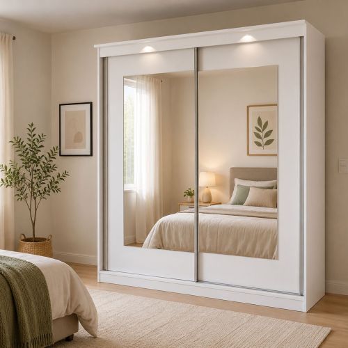 Guardaroba 2 Ante Bianco Traparente 5 Ripiani Appendiabiti 180x195h cm, 2 Ante - Lesale