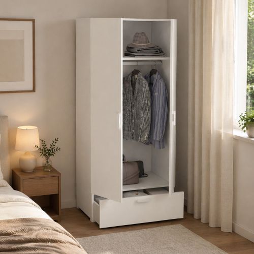 Guardaroba 2 Ante Bianco un Cassetto Appendiabiti 80x180h cm, 2 Ripiani - Vacone