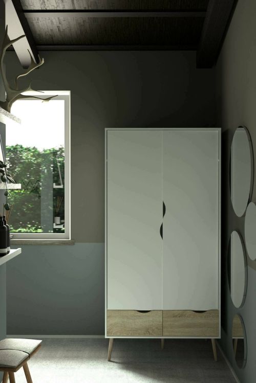 Guardaroba 2 ante Celestine, Mobile camera da letto, Cabina armadio portabiti, Armadio appendiabiti, 99x58 h200 cm, Bianco e Quercia