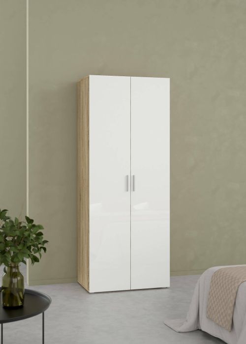 Guardaroba 2 ante Coralie, Mobile camera da letto, Cabina armadio portabiti, Armadio appendiabiti, 50x79 h201 cm, Quercia e Bianco