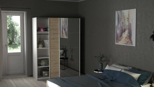 Guardaroba 2 ante Diandra, Mobile camera da letto, Cabina armadio portabiti, Armadio appendiabiti, 61x150 h200 cm, Bianco e Rovere