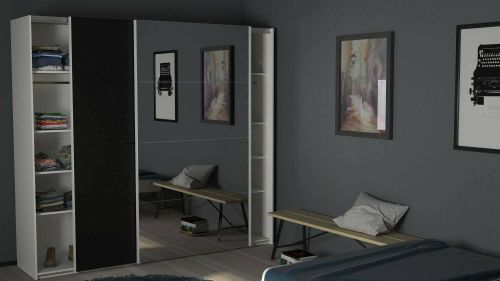 Guardaroba 2 ante Eloina, Mobile camera da letto, Cabina armadio portabiti, Armadio appendiabiti, 61x243 h220 cm, Bianco e Nero