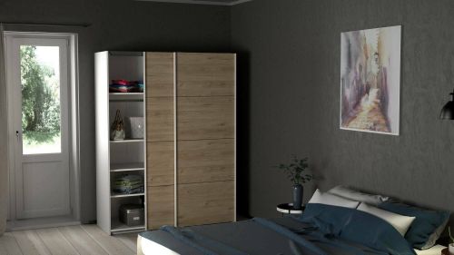 Guardaroba 2 ante Elvire, Mobile camera da letto, Cabina armadio portabiti, Armadio appendiabiti, 61x150 h200 cm, Bianco e Rovere