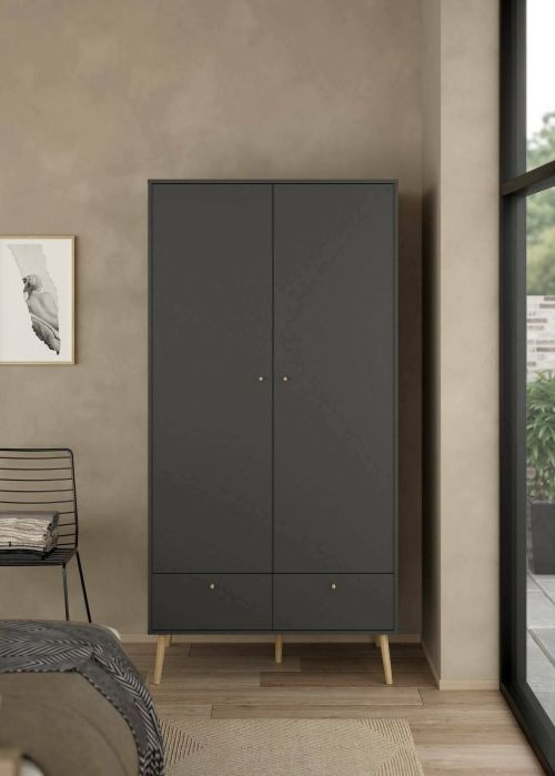 Guardaroba 2 ante Jolene, Mobile camera da letto, Cabina armadio portabiti, Armadio appendiabiti, 58x99 h200 cm, Grigio