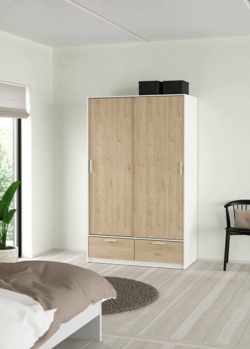 Guardaroba 2 ante Leonore, Mobile camera da letto, Cabina armadio portabiti, Armadio appendiabiti, 60x121 h200 cm, Bianco e Rovere