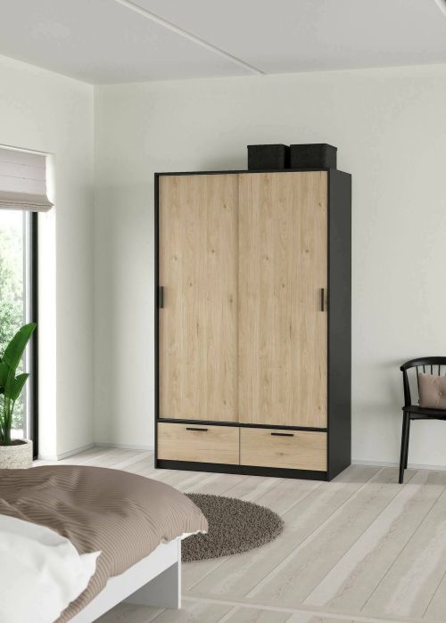 Guardaroba 2 ante Leonore, Mobile camera da letto, Cabina armadio portabiti, Armadio appendiabiti, 60x121 h200 cm, Nero e Rovere