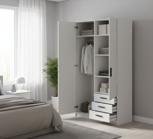 Guardaroba 2 ante Mare, Mobile camera da letto, Cabina armadio portabiti, Armadio appendiabiti, 50x99 h200 cm, Bianco