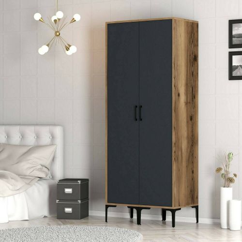 Guardaroba 2 Ante Marrone Noce Nero Antracite Appendiabiti 5 Ripiani 80x201h cm, 2 Ante - Acate