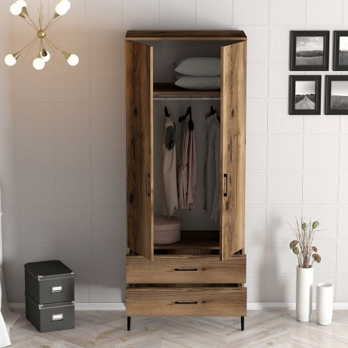 Guardaroba 2 Ante Marrone Noce un Ripiano 2 Cassetti 80x201h cm, Appendiabiti - Paolina