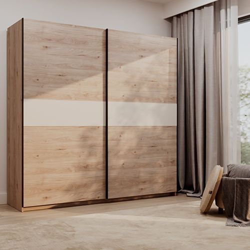 Guardaroba 2 Ante Marrone Rovere Beige Cashmere 2 Ripiani Appendiabiti 200x204h cm, 2 Ante - Nalika