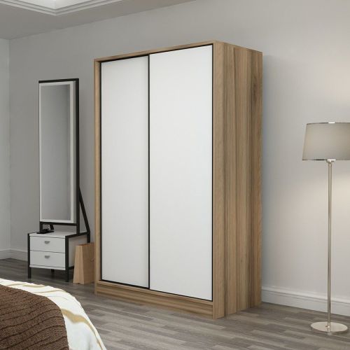 Guardaroba 2 Ante Marrone Rovere Bianco 5 Ripiani Appendiabiti 120x190h cm, Apertura Scorrevole - Pozzilli