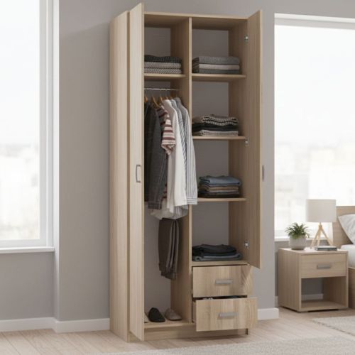 Guardaroba 2 Ante Marrone Rovere Bianco Appendiabiti 2 Cassetti 80x205h cm, 4 Ripiani - Cimena