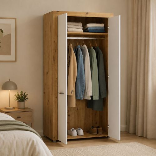 Guardaroba 2 Ante Marrone Rovere Bianco un Ripiano Appendiabiti 100x192h cm, Apertura Battente - Lesemelo