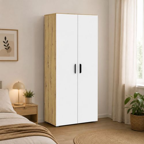 Guardaroba 2 Ante Marrone Rovere Bianco un Ripiano Appendiabiti 74x179h cm, Apertura Battente - Malvito