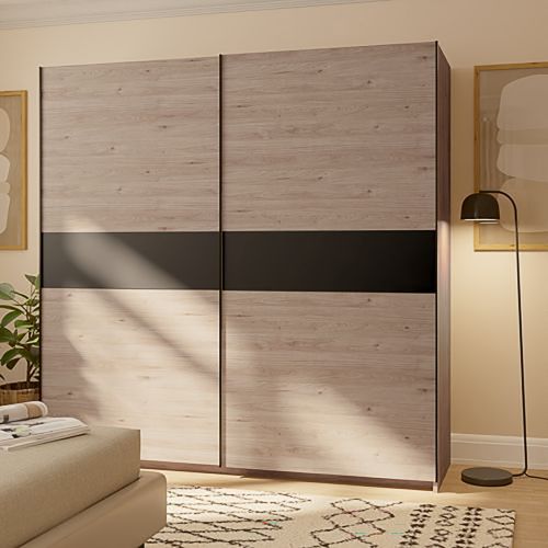 Guardaroba 2 Ante Marrone Rovere Nero Antracite 2 Ripiani Appendiabiti 200x204h cm, 2 Ante - Nalika
