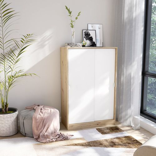Guardaroba 2 Ante Marrone Rovere Nodi Bianco 2 Ripiani Apertura Scorrevole 77x119h cm, 3 Vani - Stelvio