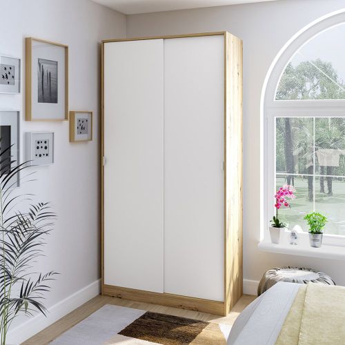 Guardaroba 2 Ante Marrone Rovere Nodi Bianco 4 Ripiani Appendiabiti 100x200h cm, Apertura Scorrevole - Orgosolo