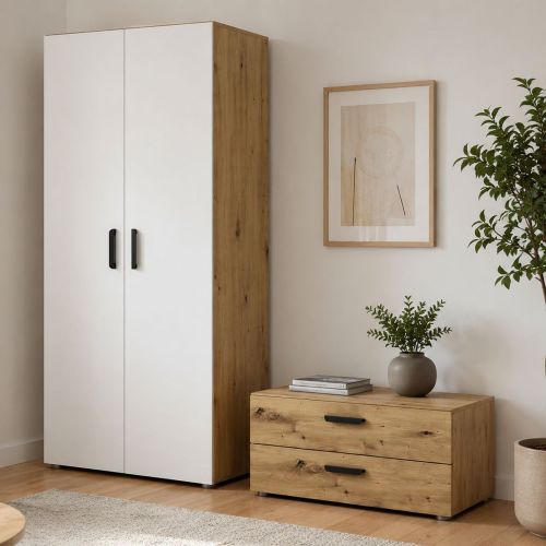 Guardaroba 2 Ante Marrone Rovere Nodi Bianco un Ripiano 2 Cassetti 74x214h cm, Appendiabiti - Buriasco