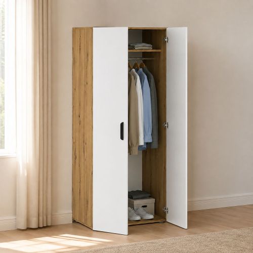 Guardaroba 2 Ante Marrone Rovere Nodi Bianco un Ripiano Appendiabiti 74x179h cm, Apertura Battente - Malvito