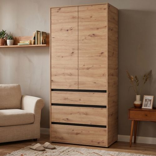 Guardaroba 2 Ante Marrone Rovere Nodi Nero Appendiabiti 3 Cassetti 93x211h cm, un Ripiano - Vimercatii
