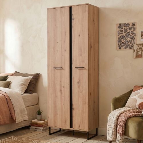 Guardaroba 2 Ante Marrone Rovere Nodi Nero Appendiabiti 3 Ripiani 70.5x194.5h cm, 2 Ante - Seriate