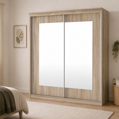 Guardaroba 2 Ante Marrone Rovere Traparente Appendiabiti 5 Ripiani 180x195h cm, 2 Ante - Lesale