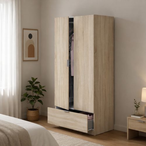 Guardaroba 2 Ante Marrone Rovere un Cassetto un Ripiano 80x170h cm, Appendiabiti - Budoia