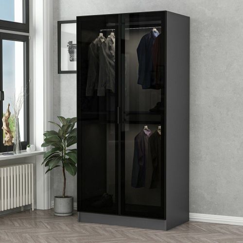 Guardaroba 2 Ante Nero Antracite Appendiabiti un Ripiano 90x210h cm, 2 Ante - Moconesi