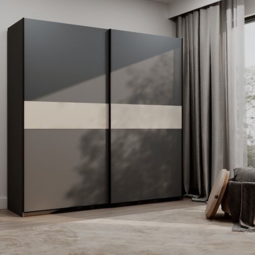 Guardaroba 2 Ante Nero Antracite Beige Cashmere 2 Ripiani Appendiabiti 200x204h cm, 2 Ante - Nalika